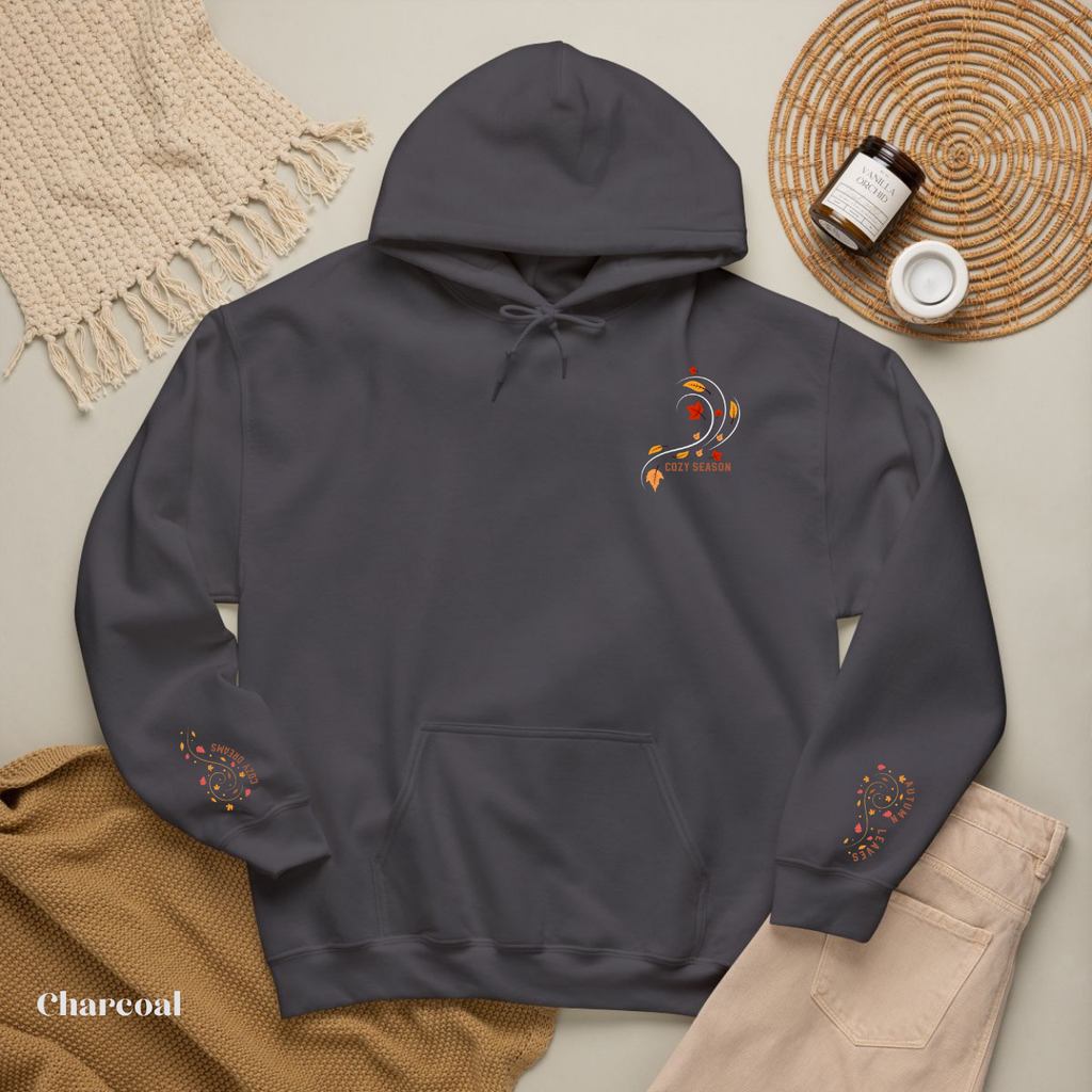 Cozy Season Embroidered Hoodie – Autumn Leaves & Cozy Dreams Sleeve Detail