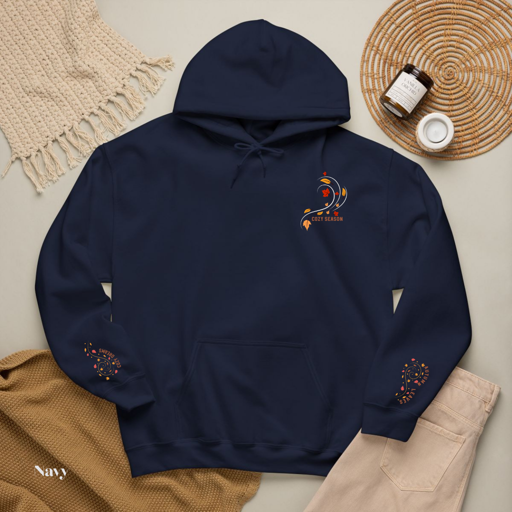 Cozy Season Embroidered Hoodie – Autumn Leaves & Cozy Dreams Sleeve Detail